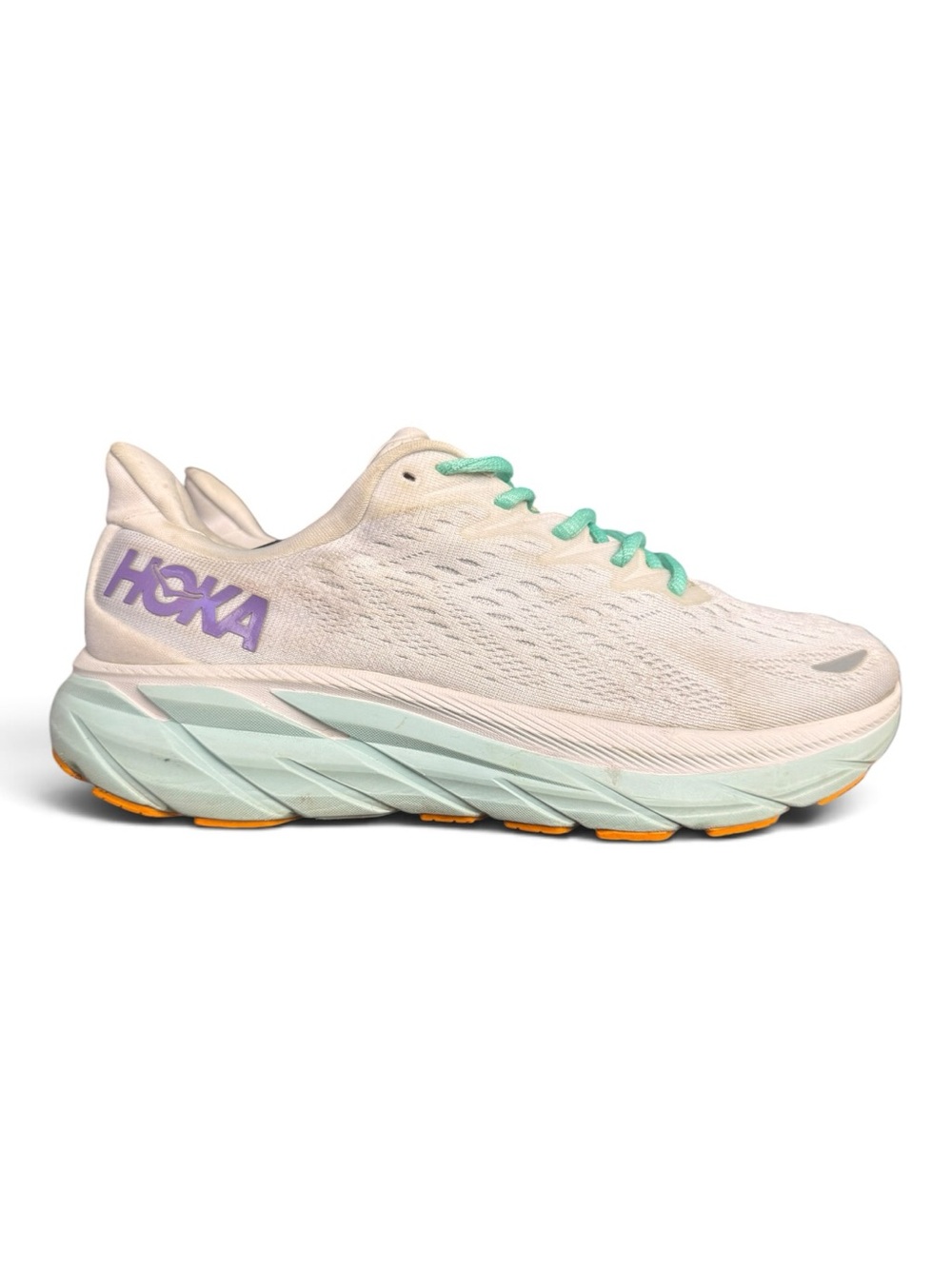 HOKA Clifton 8 Wide Women’s 9.5 D Running Shoes White Mint Purple